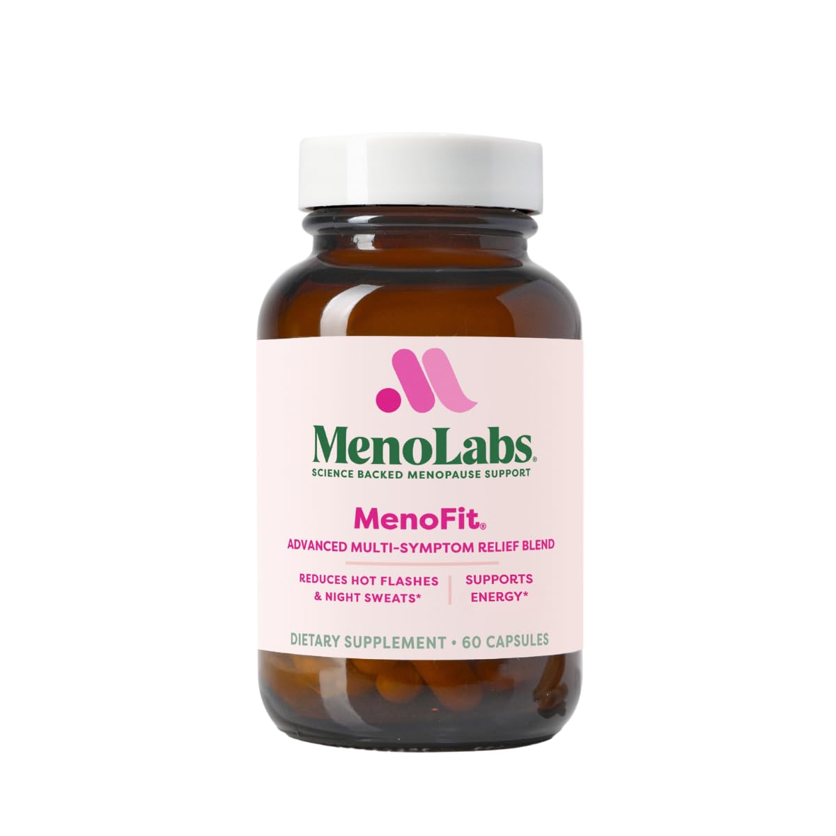 Menolabs MenoFit bottle close-up showing probiotic formula for gut support
