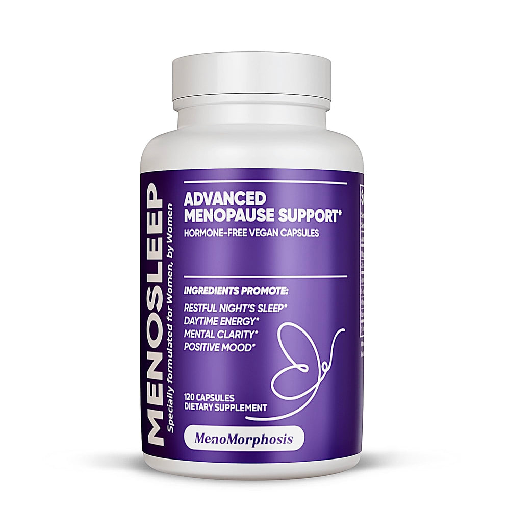 MenoSleep bottle front view showing hormone-free menopause sleep support.