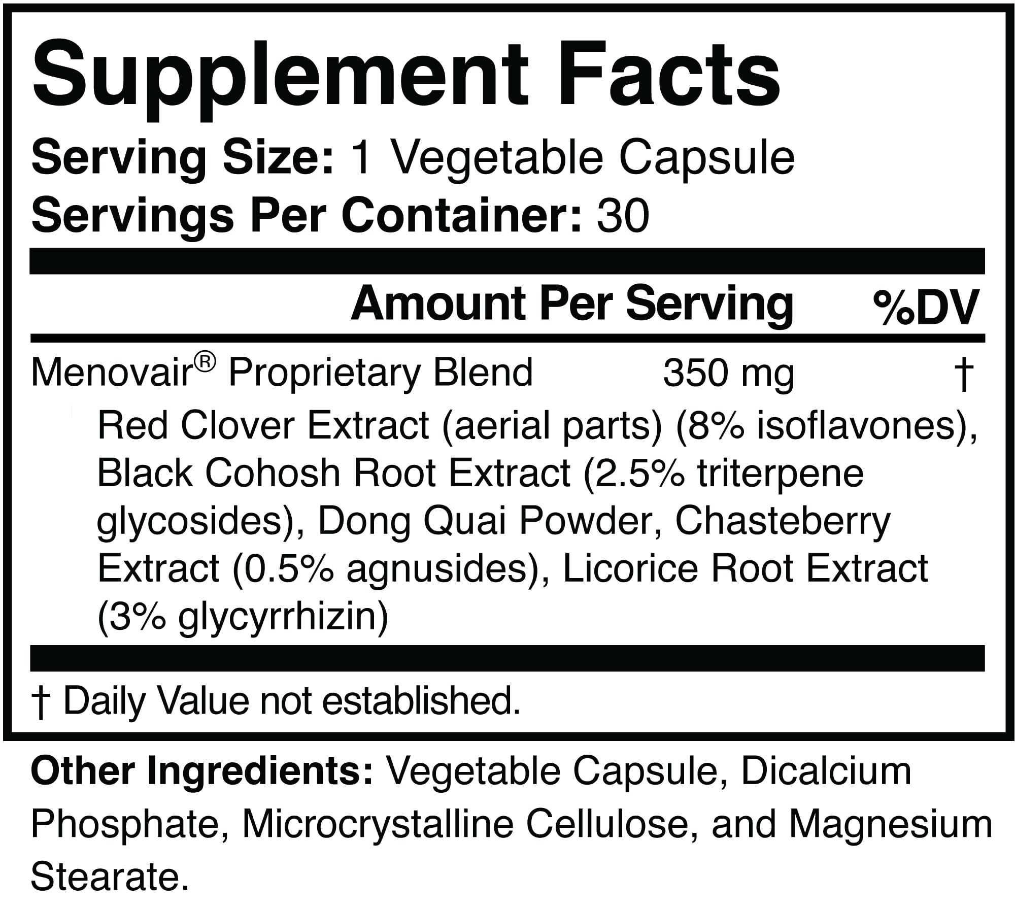 Menovair ingredients packaging highlights five natural, drug-free components