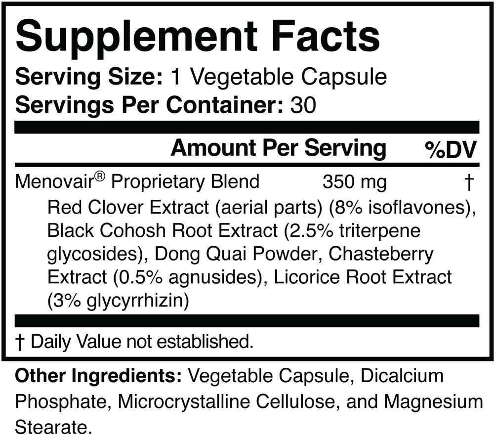Menovair ingredients packaging highlights five natural, drug-free components