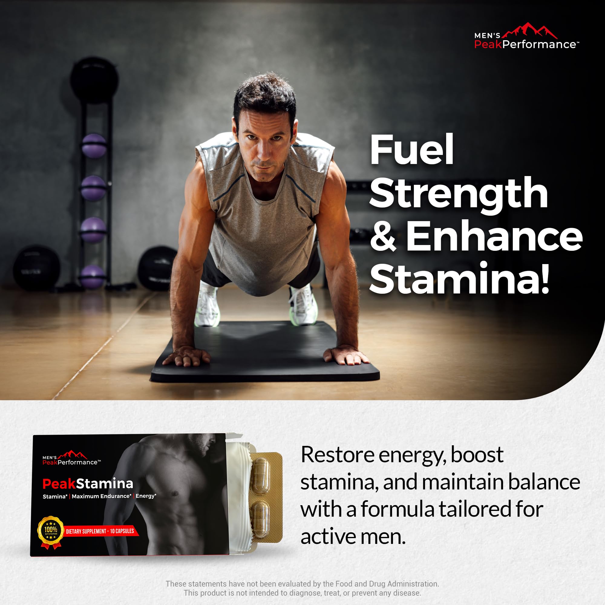Label of MEN'S PeakPerformance highlighting a natural seven-herb blend for vitality.
