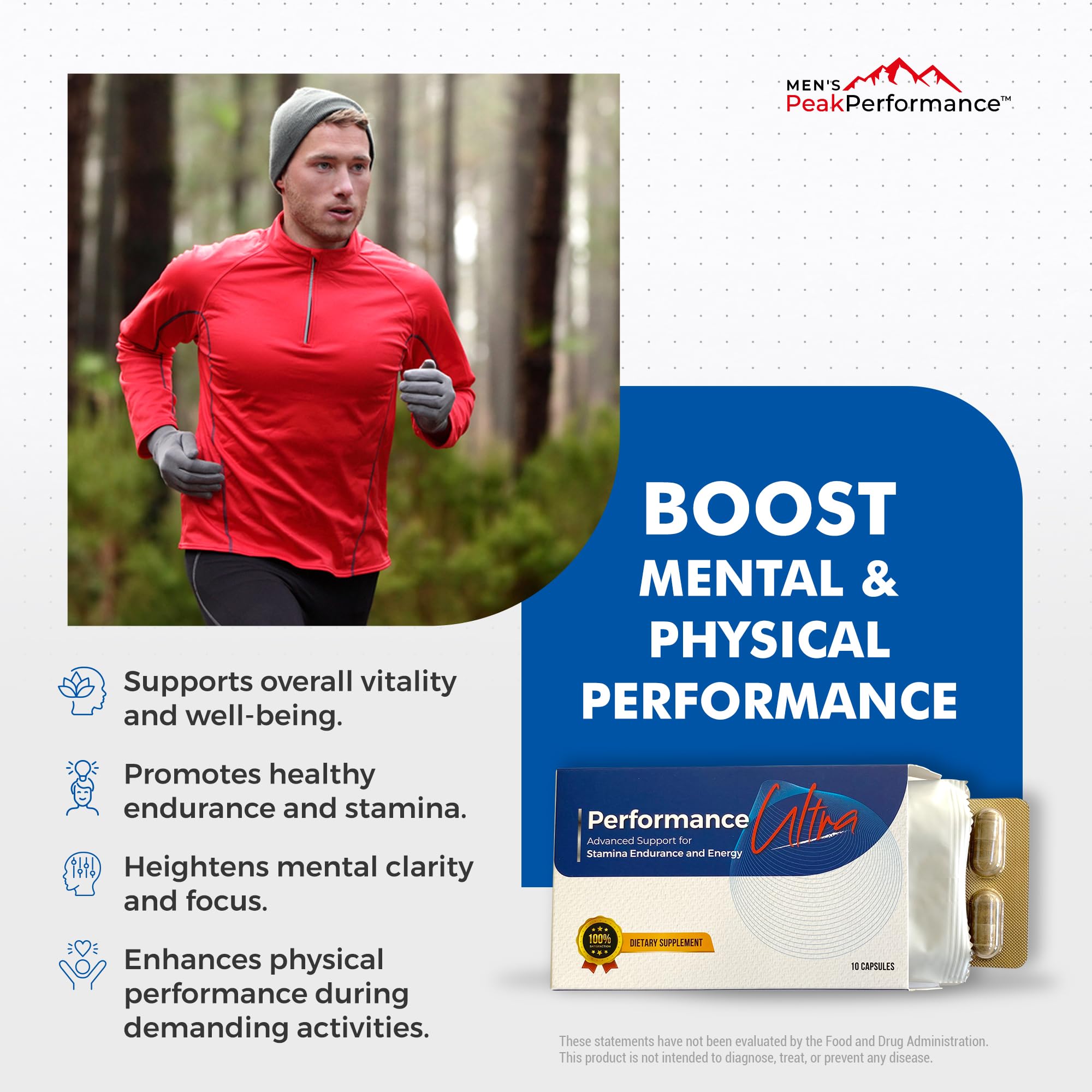 MEN'S PeakPerformance PerformanceUltra packaging shows premium ingredients and safety standards