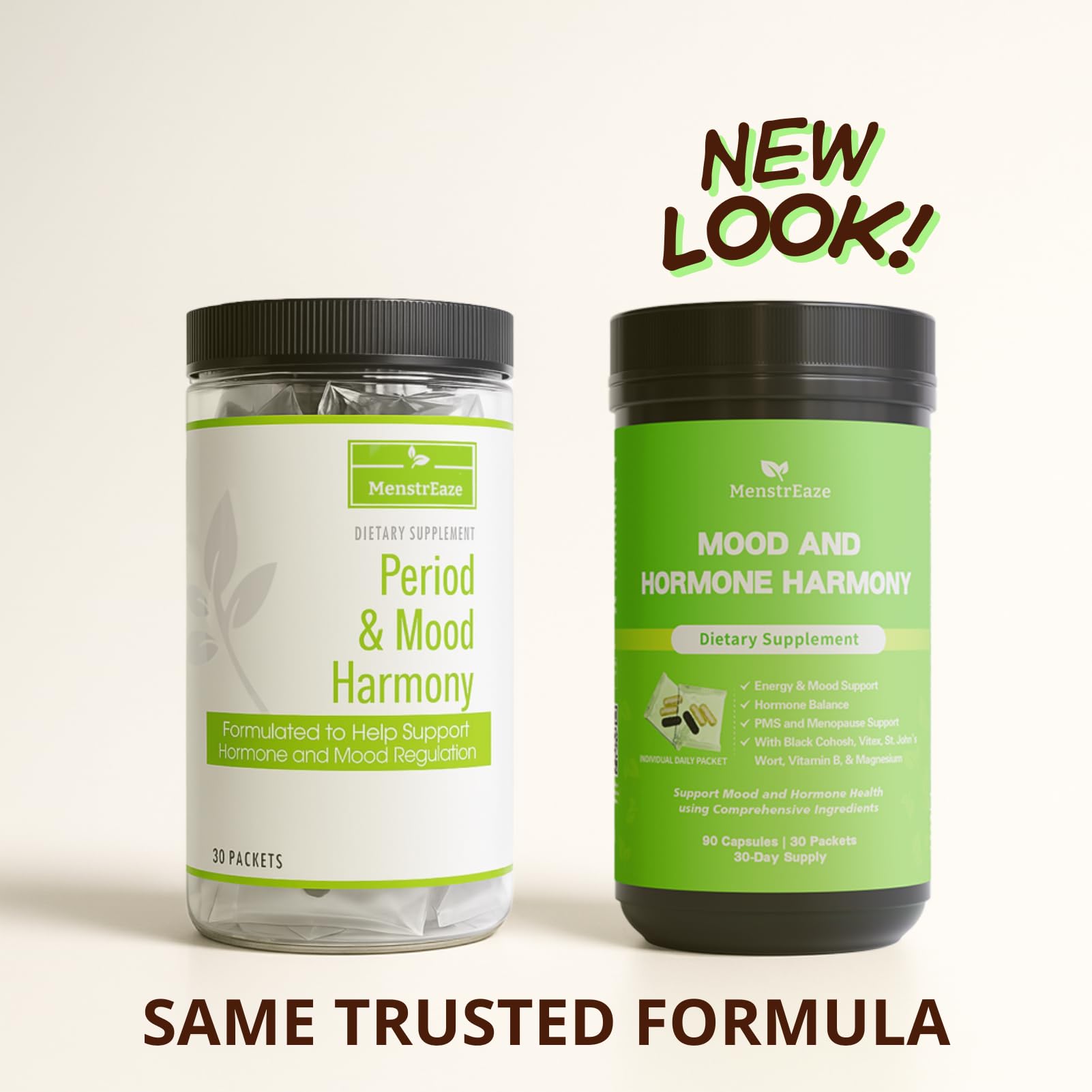 MenstrEaze hormone balance packet back view lists ingredients for gentle, guided daily use