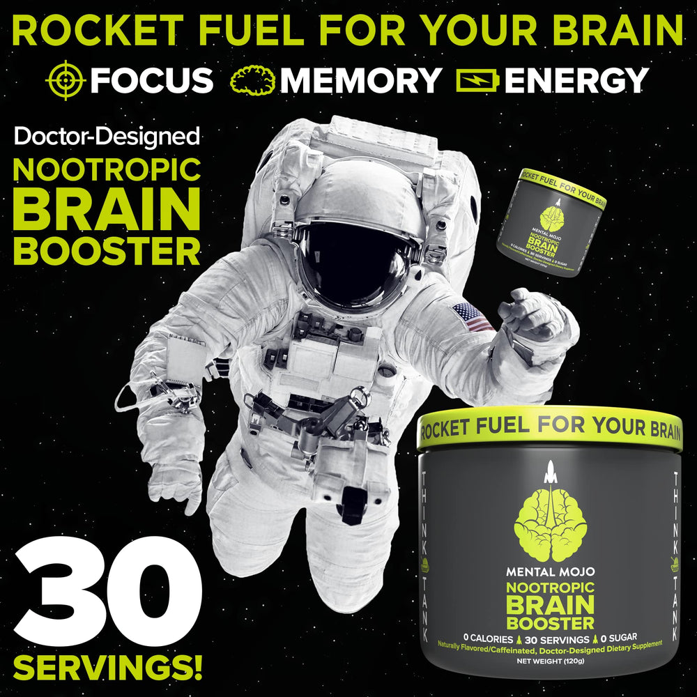 Mental Mojo kiwi strawberry label highlights vegan, zero-calorie brain fuel for study.