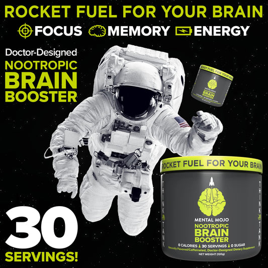 Mental Mojo kiwi strawberry label highlights vegan, zero-calorie brain fuel for study.