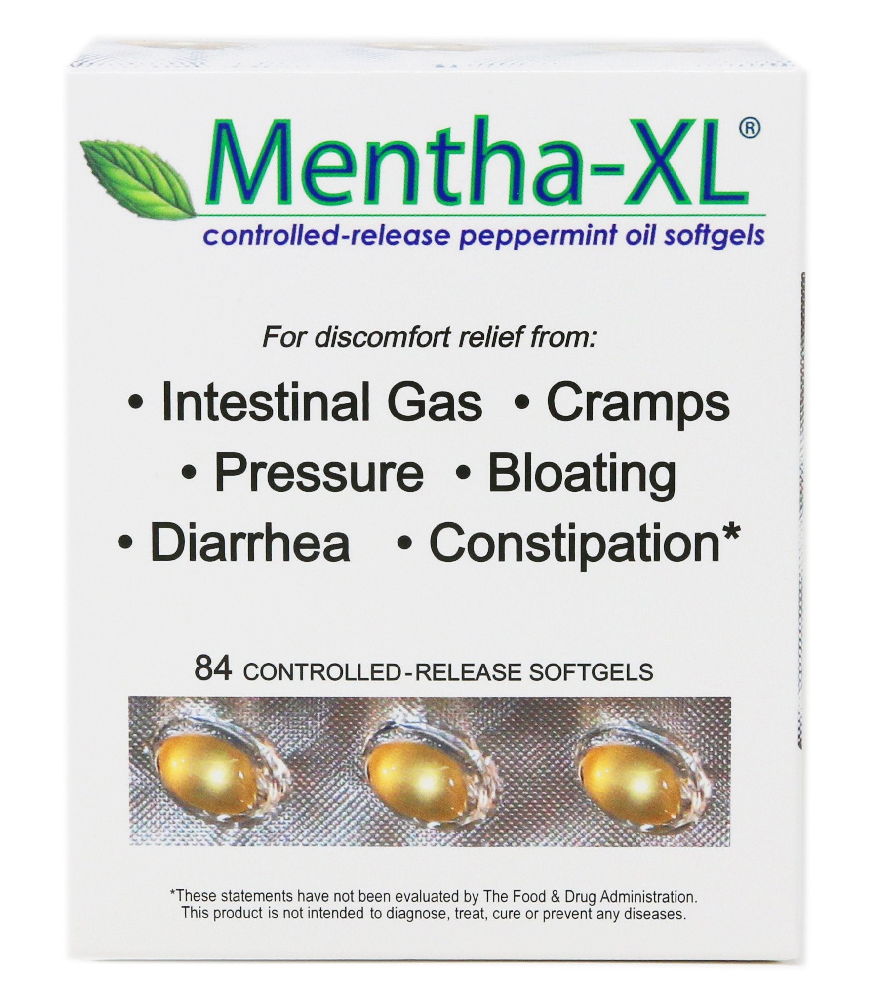 Mentha-XL 84-count softgels front view; targeted release may support digestive comfort.