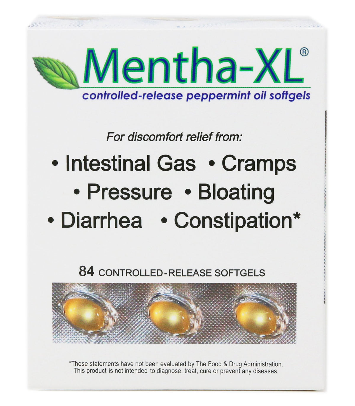 Mentha-XL 84-count softgels front view; targeted release may support digestive comfort.