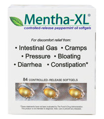 Mentha-XL 84-count softgels front view; targeted release may support digestive comfort.