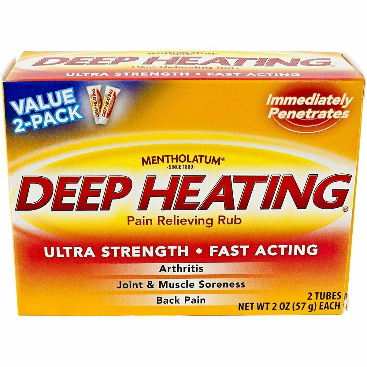 Mentholatum Deep Heating Rub 2 oz tubes front view showing warming relief