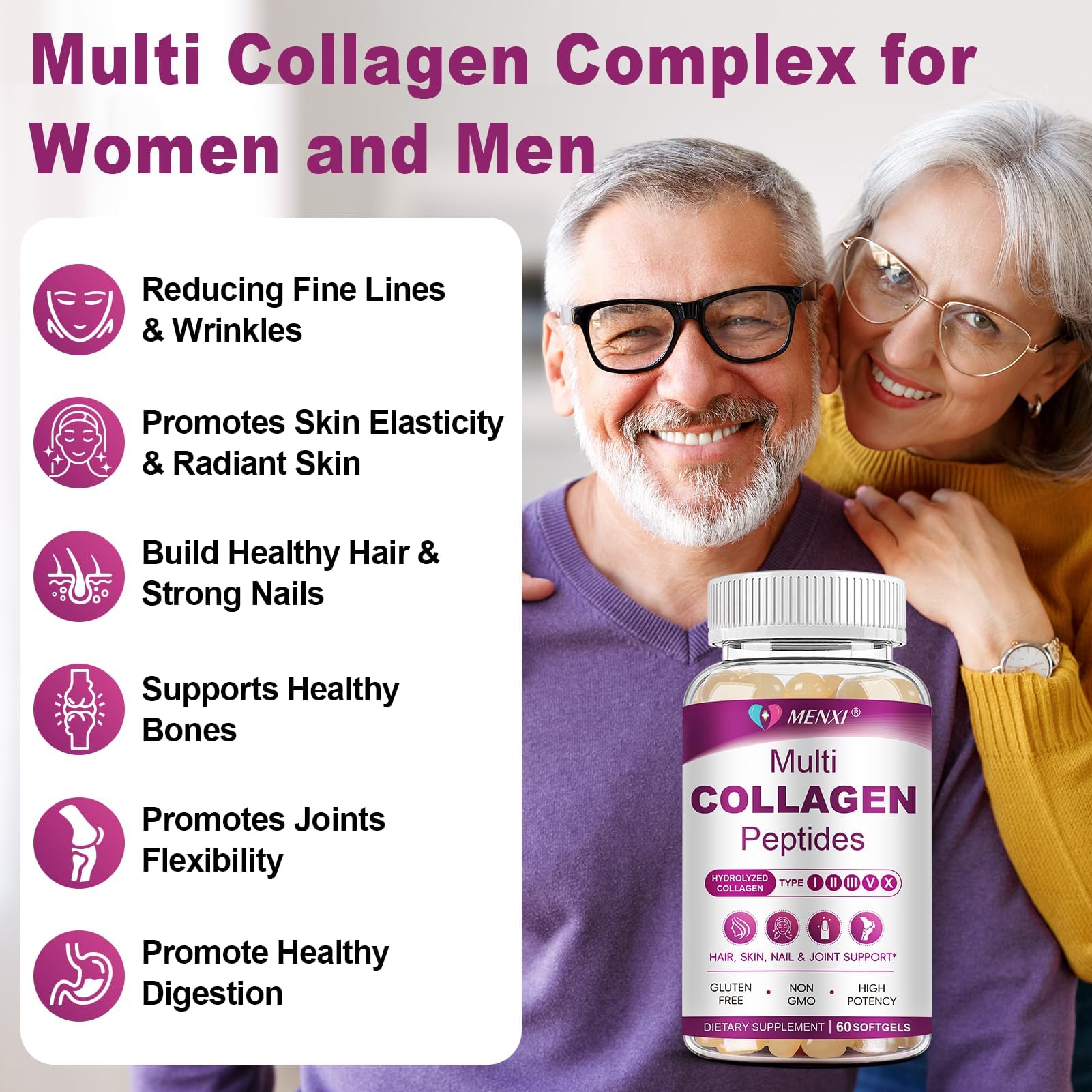 MENXI collagen softgel ingredients list emphasizes non GMO, dairy free and gluten free formula.