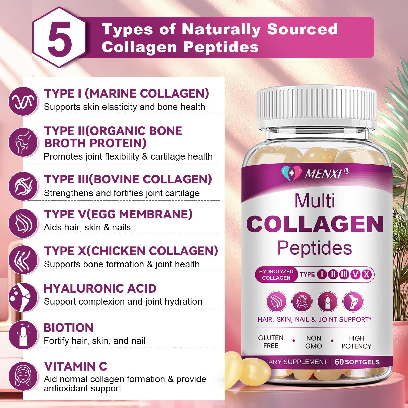 MENXI collagen softgel label closeup highlights Type I X blend with vitamin C and HA.
