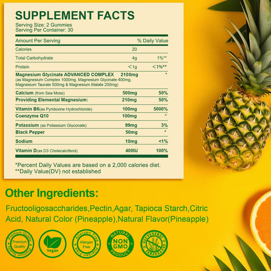 MENXI Magnesium Gummies closeup texture highlighting easy-chew pineapple flavor