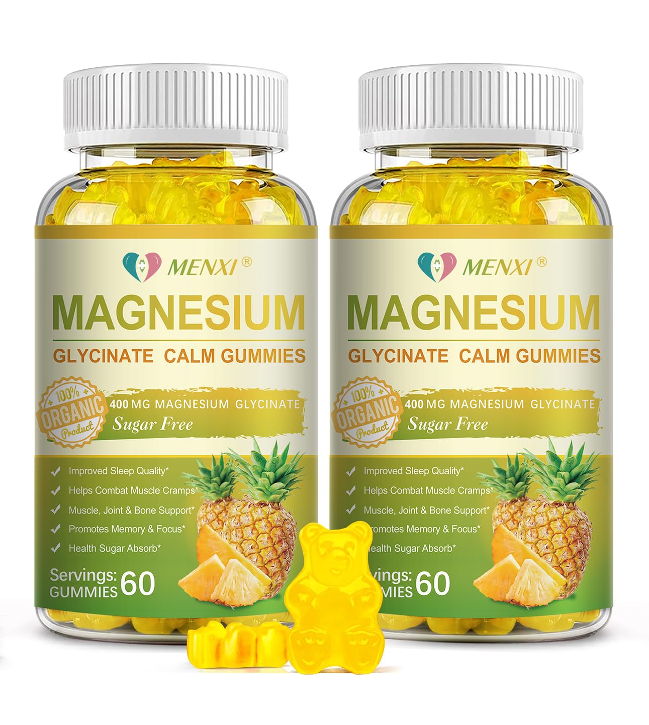 MENXI Magnesium Glycinate Gummies pineapple bottle showing sugar-free relaxation benefits