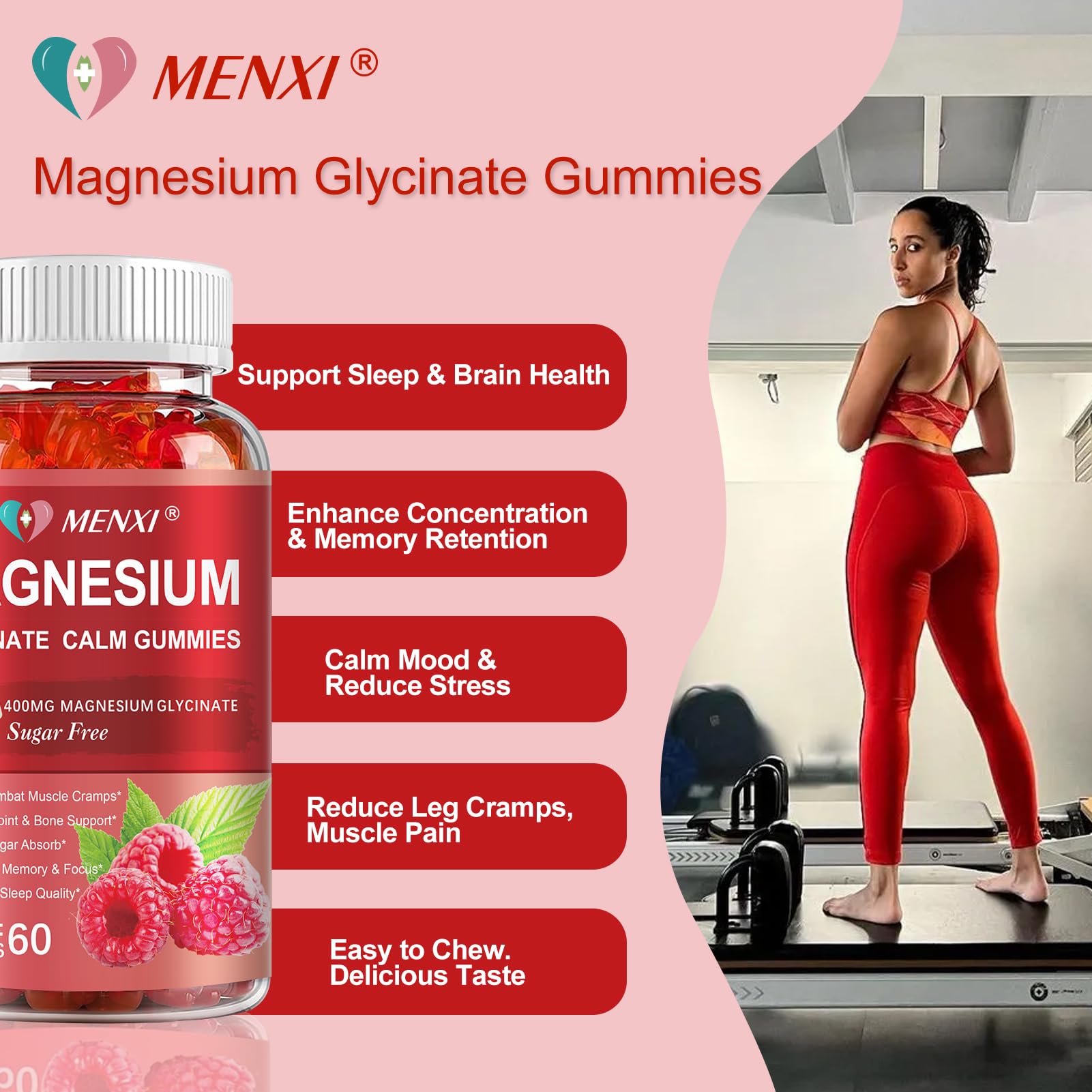MENXI Magnesium Gummies sugar-free badge signals allergen-friendly, zero added sugar.
