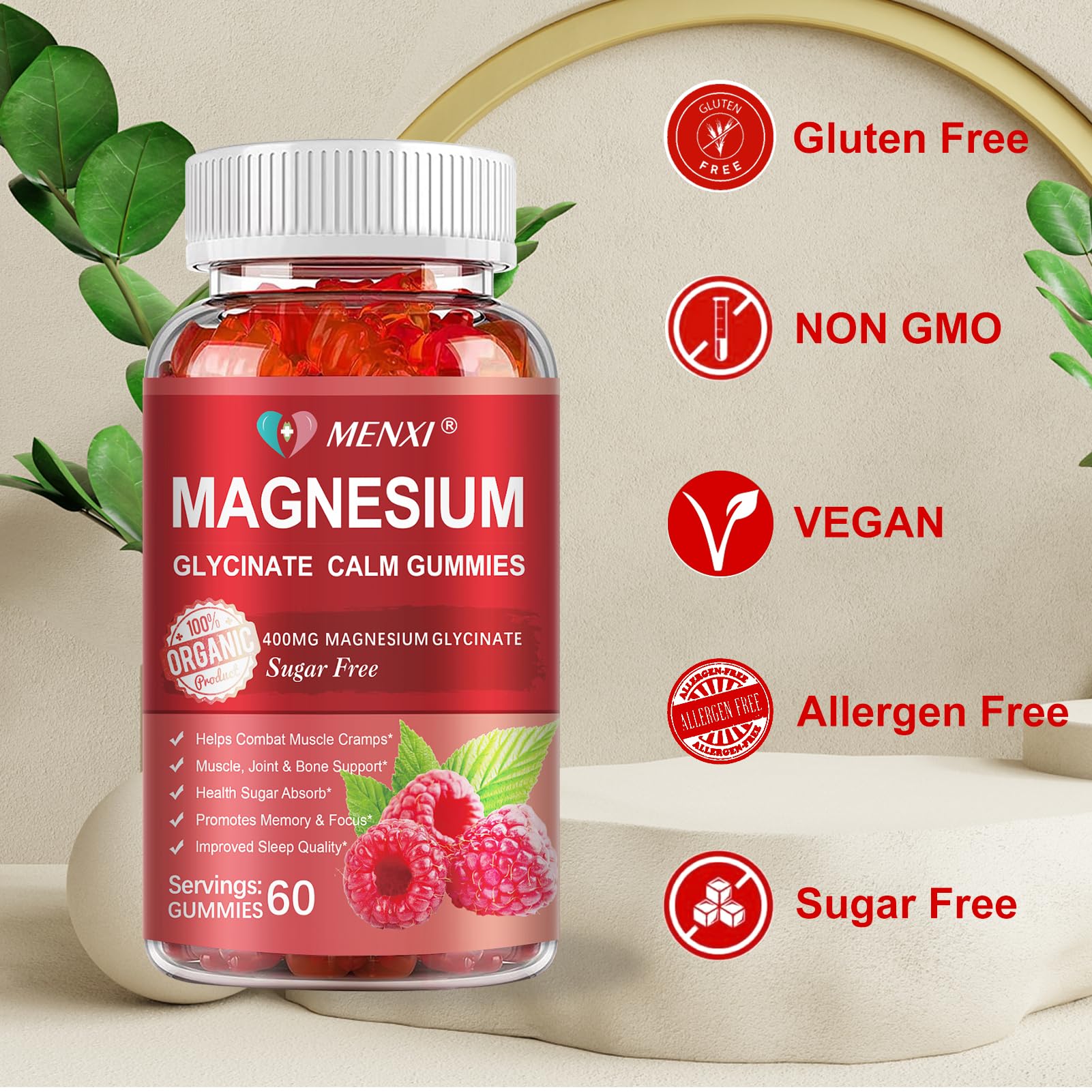 MENXI Magnesium Gummies vegan label highlights plant-based, sugar-free formula.
