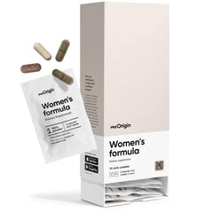 meOrigin women's multivitamin bottle highlights essential nutrients for daily energy and balance.