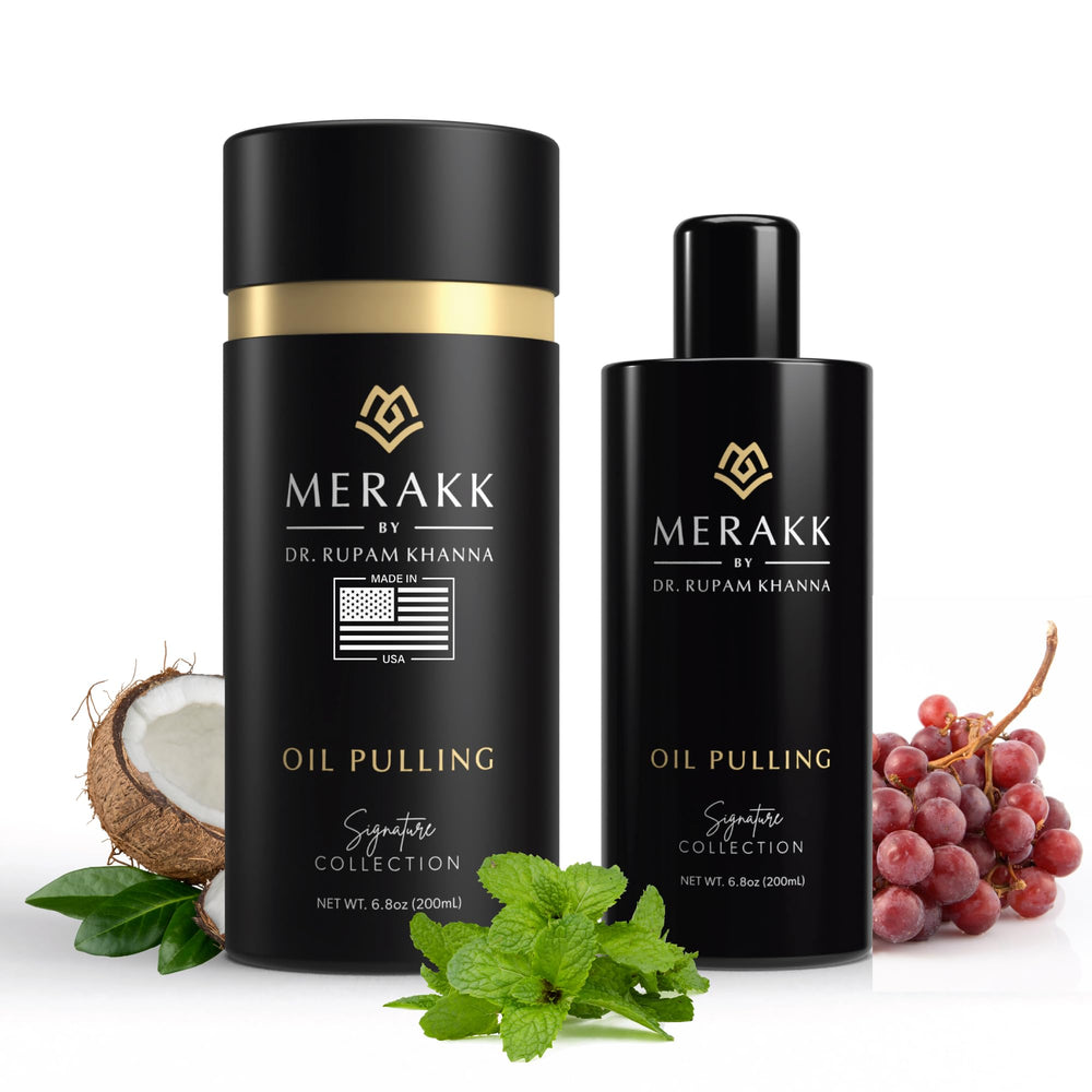 Merakk coconut oil pulling mouthwash bottle shows a whitening rinse for teeth and gums.
