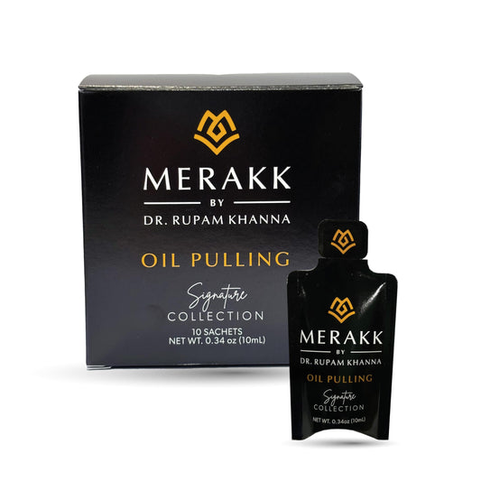Merakk coconut oil pulling sachet ready for on-the-go oral care.