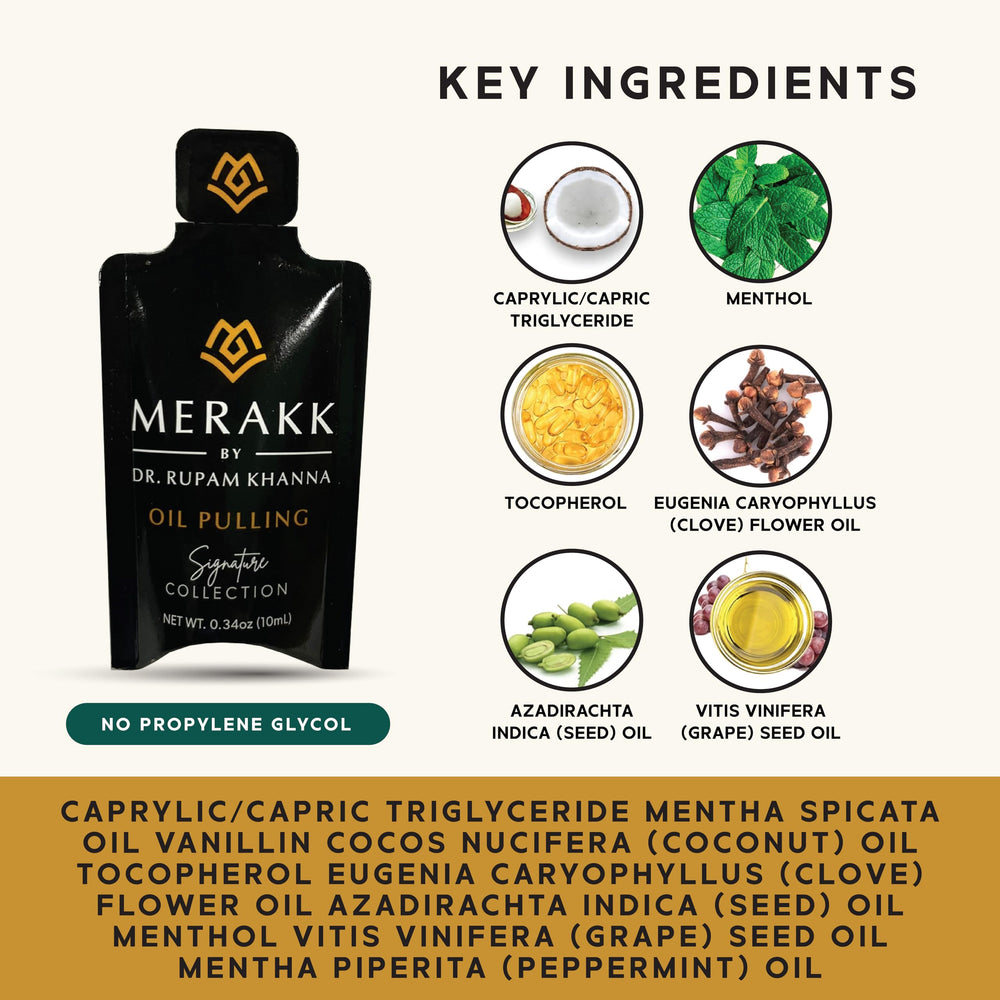 Merakk oil-pulling swirl-action demonstrates convenient mouth rinse during routine.