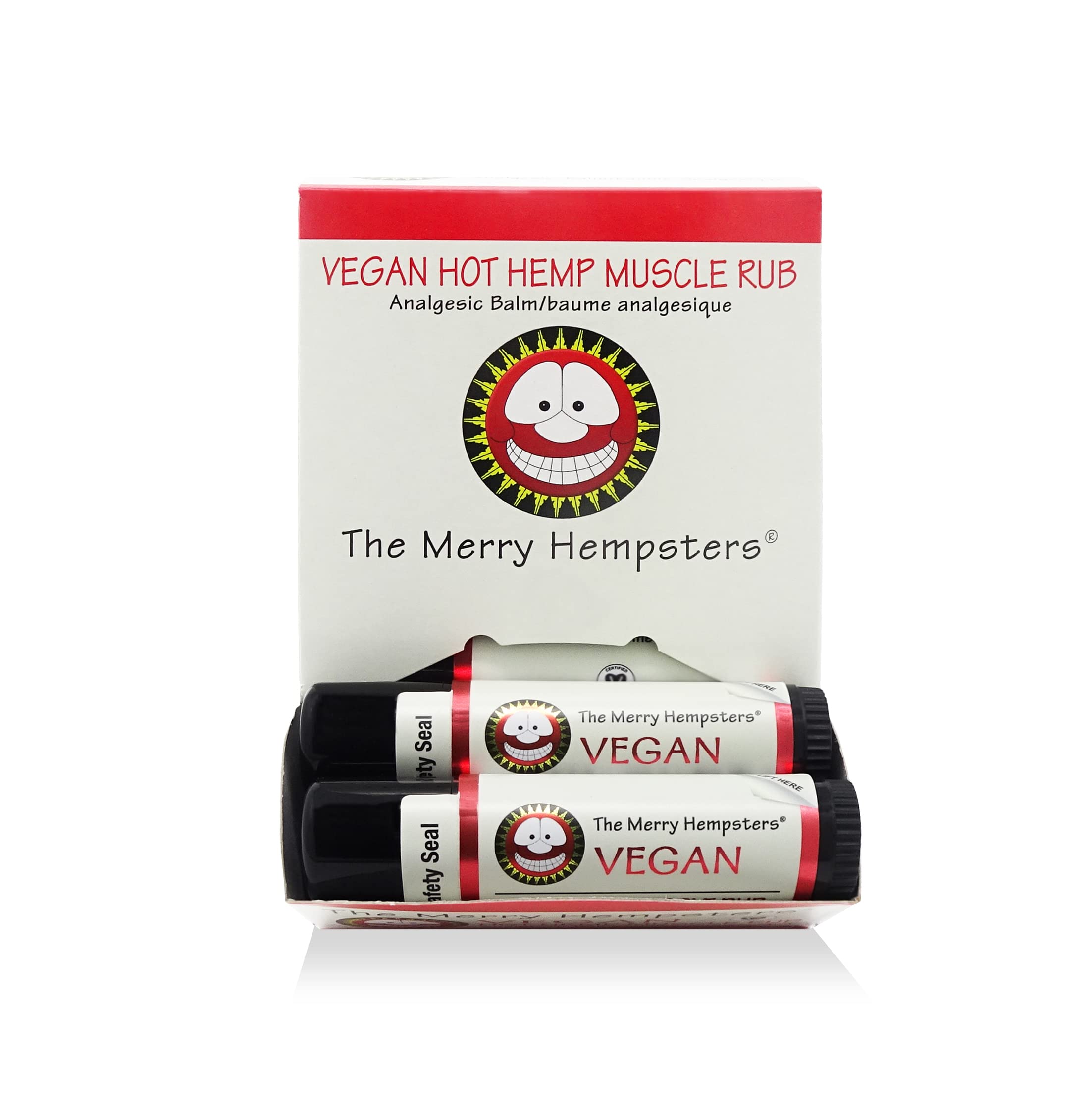 The Merry Hempsters hot hemp muscle rub 12-tube display for workout-ready convenience