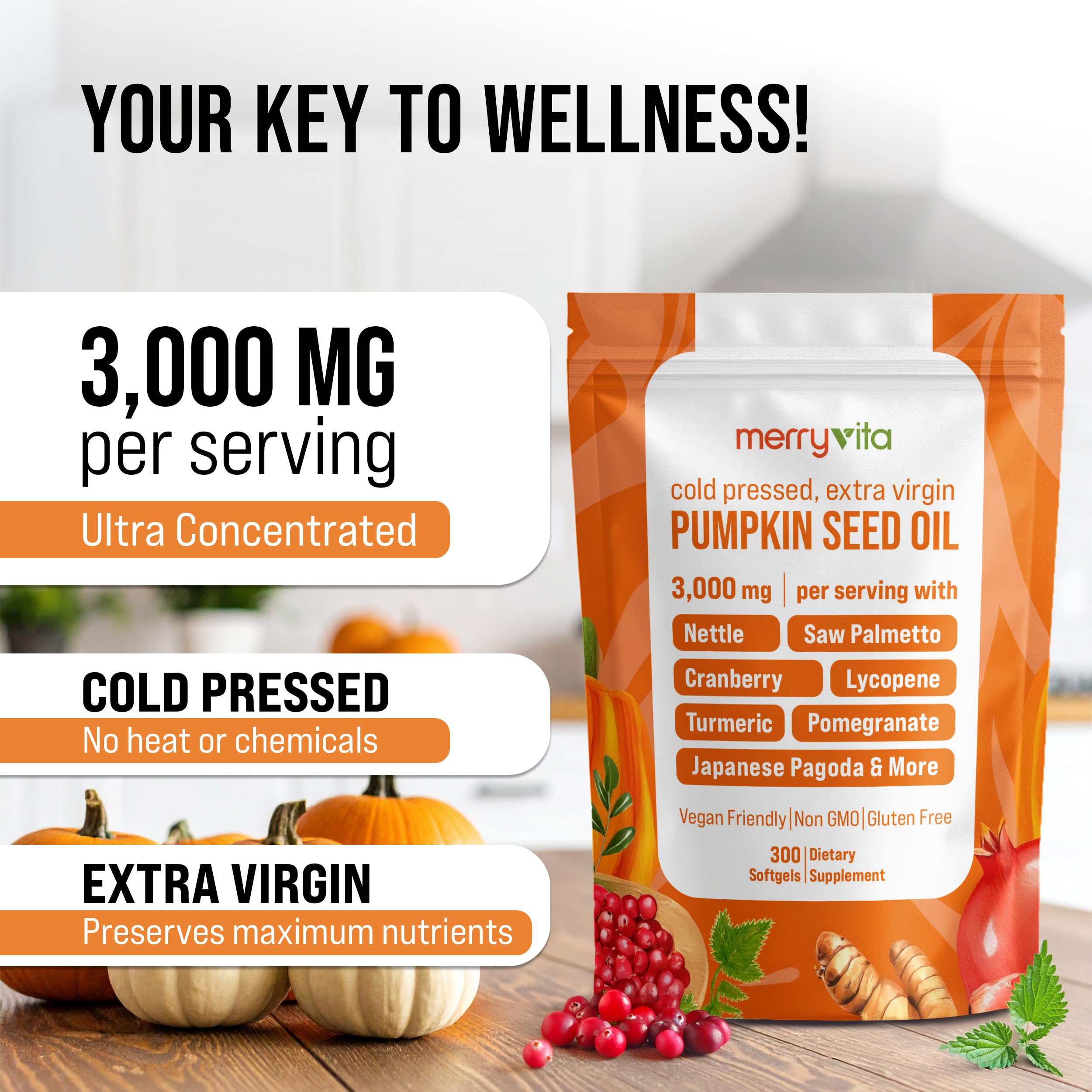 Merry Vita label shows cold-pressed, extra virgin pumpkin seed oil