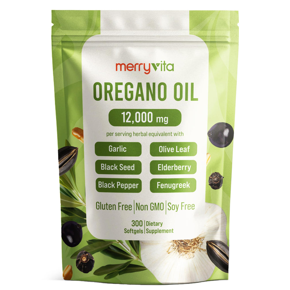 MERRY VITA oregano oil bottle with front label for easy daily immune support.