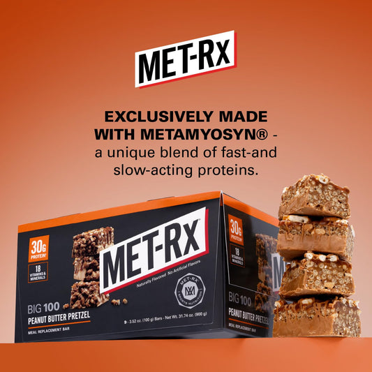 MET-Rx Big 100 bar unwrapped reveals peanut butter pretzel flavor for a satisfying snack.