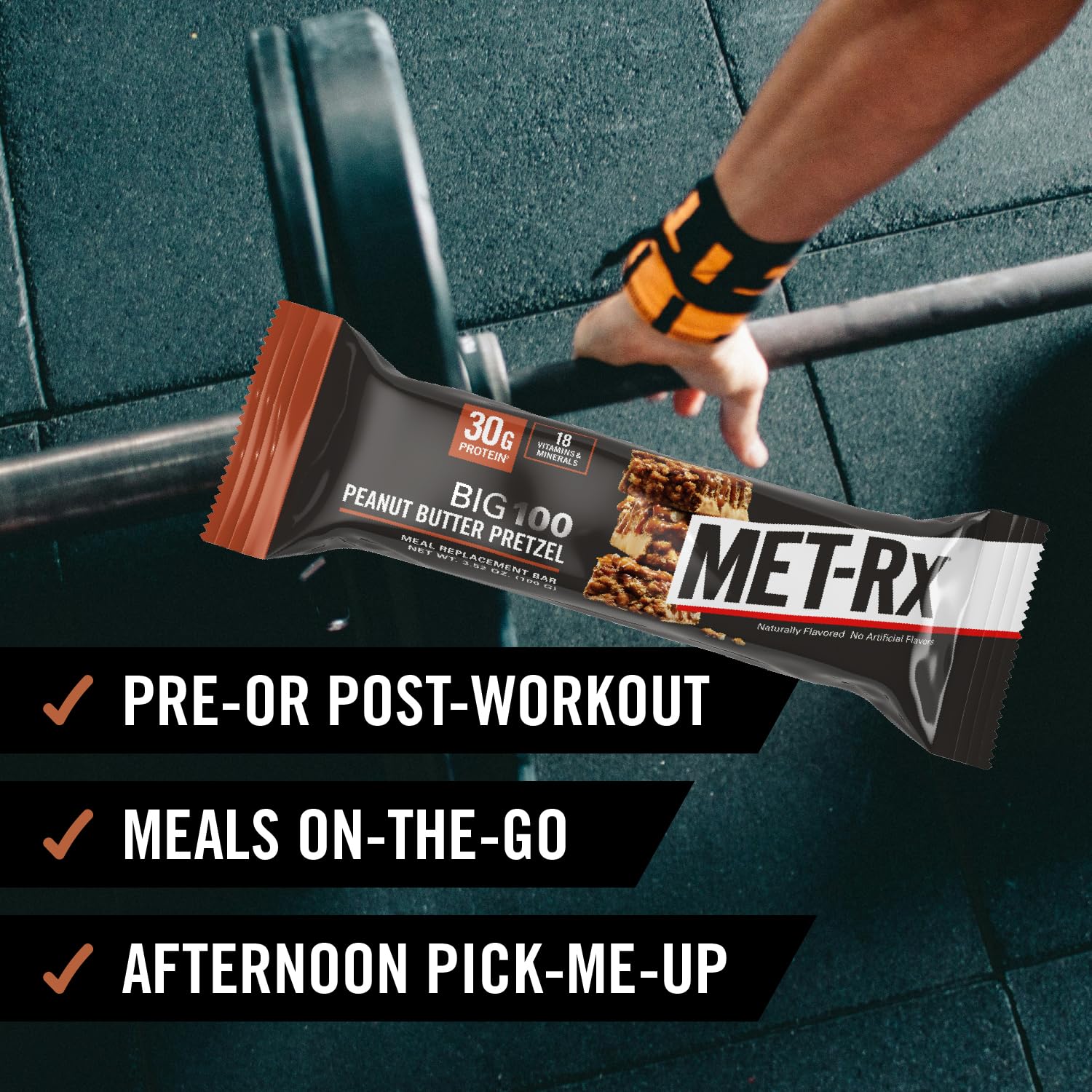 MET-Rx Big 100 bar in gym bag ready for pre or post workout.