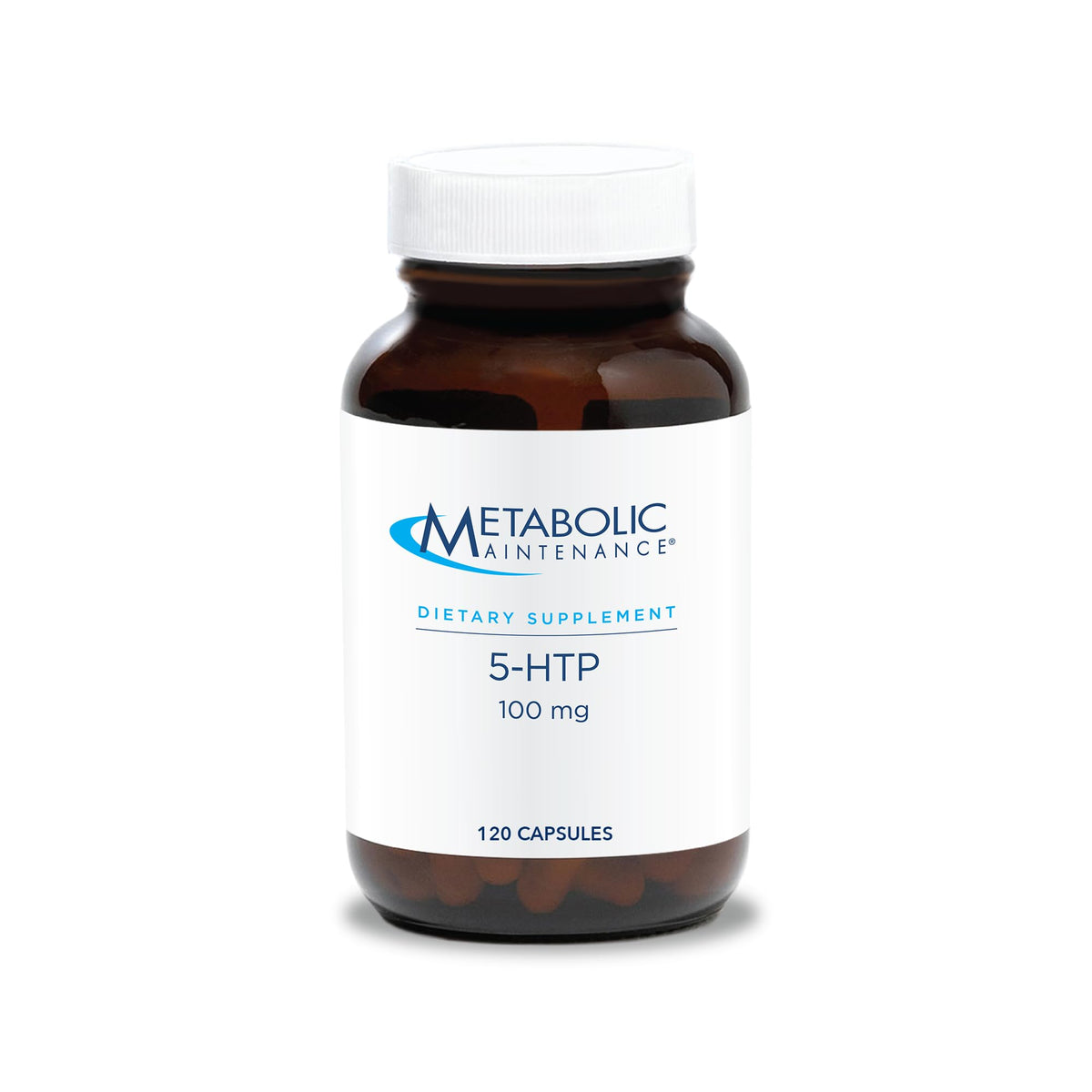 Metabolic Maintenance 5-HTP bottle front showing 100 mg capsules for daily balance.