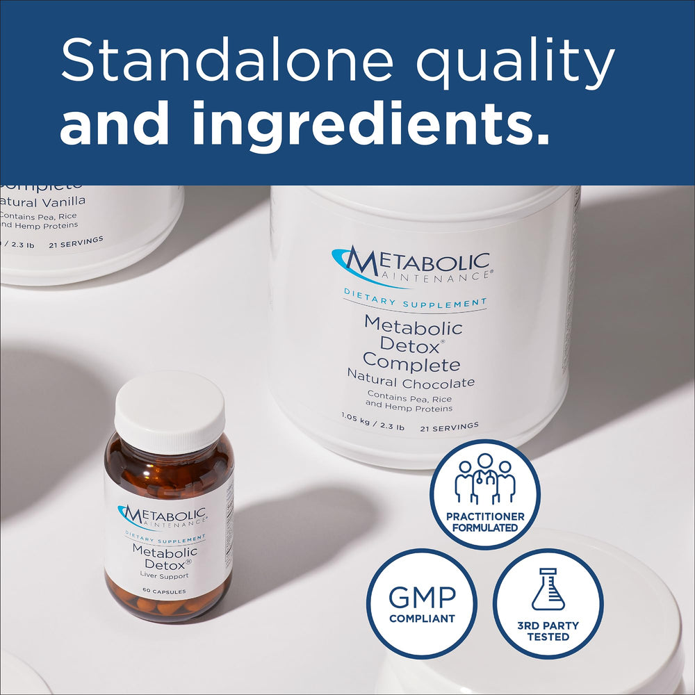 Metabolic Maintenance Detox Complete chocolate packaging with nutrition panel and allergen info.