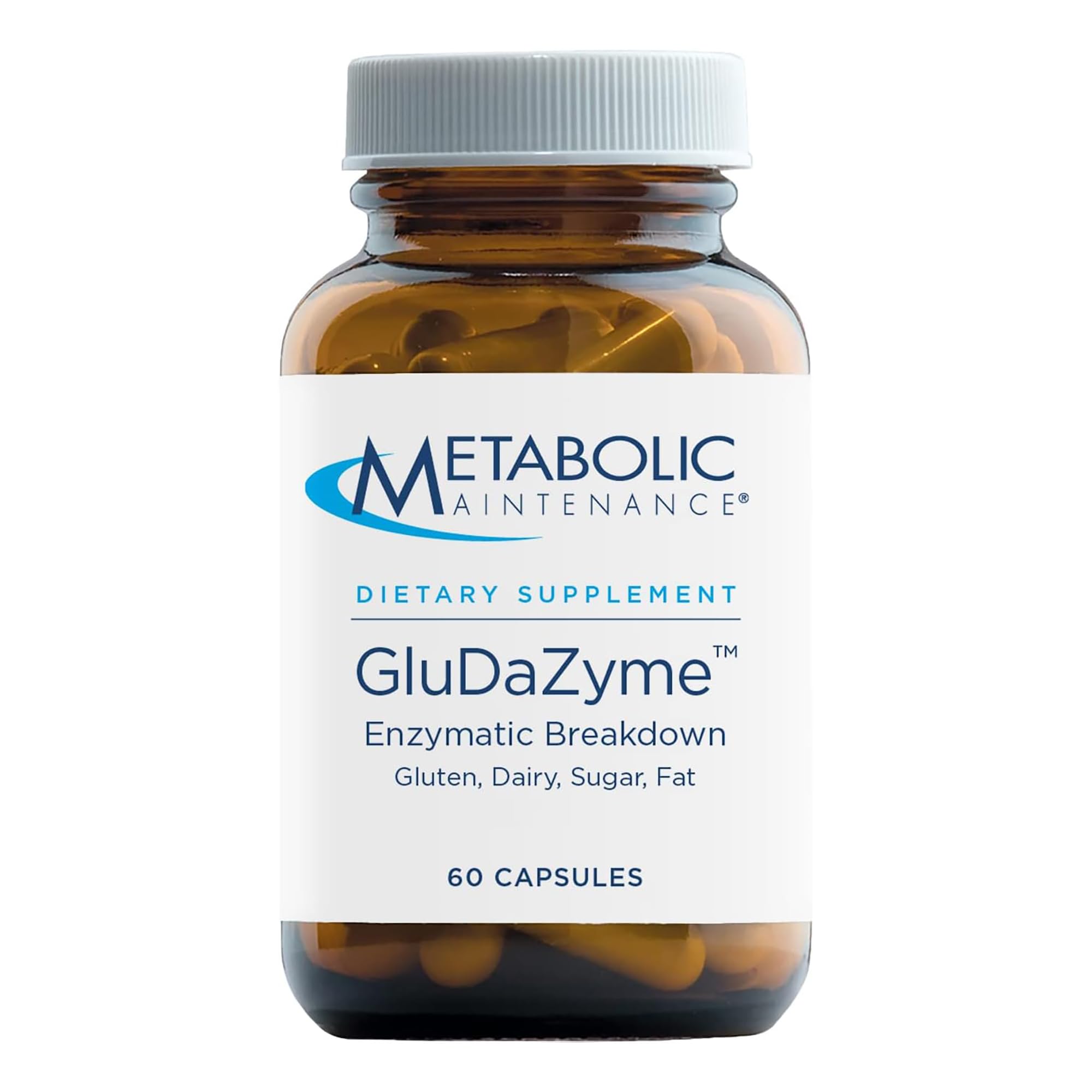 Metabolic Maintenance GluDaZyme bottle pour showing easy-to-take capsules for digestion support