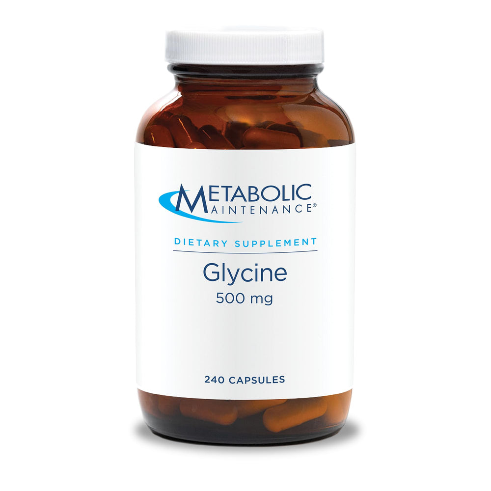 Metabolic Maintenance Glycine bottle front showing 500 mg capsules for liver support.