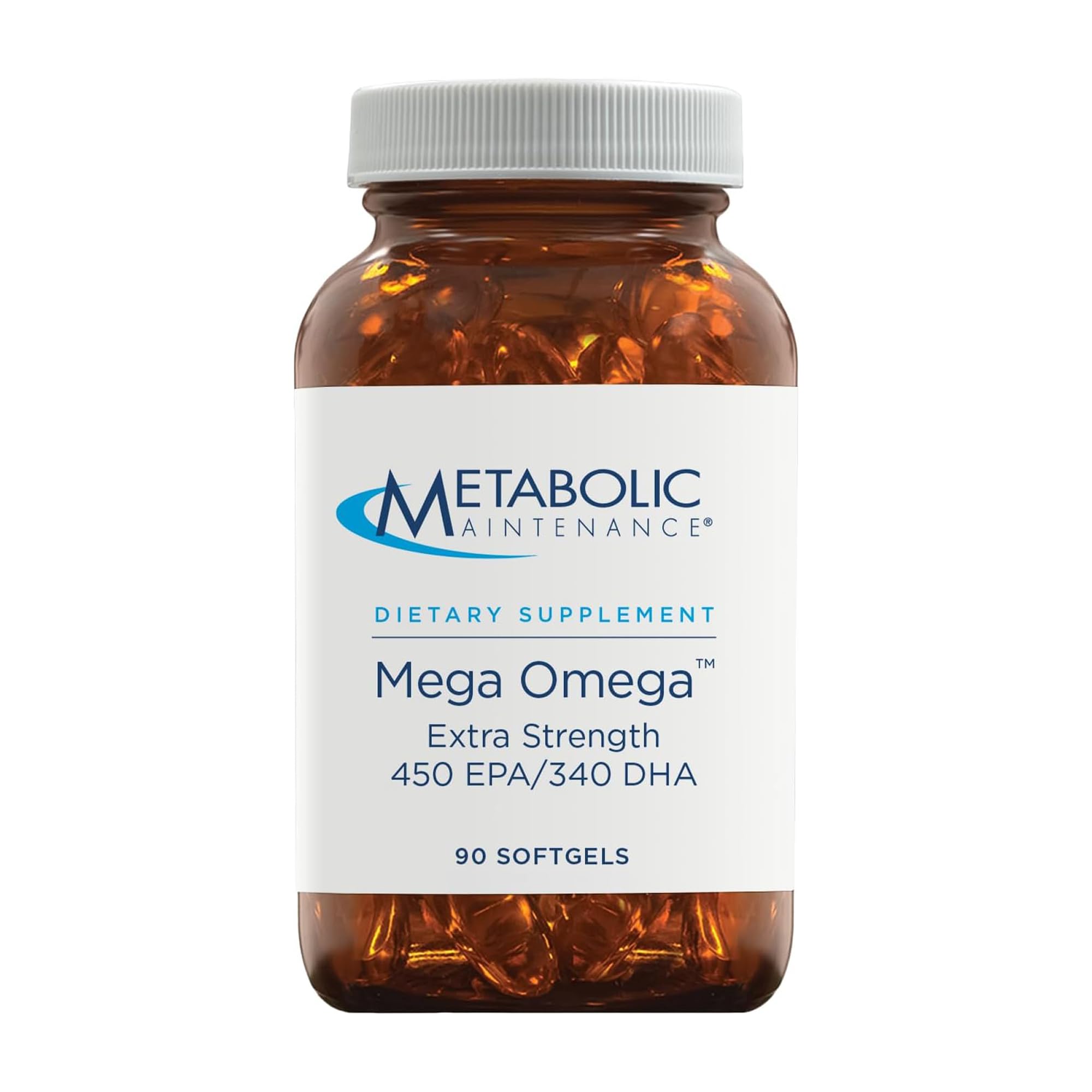 Metabolic Maintenance Mega Omega Extra Strength bottle highlights concentrated EPA and DHA for heart and brain support.