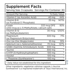 MetaCalm ingredients label close-up featuring methylfolate and magnesium glycinate.