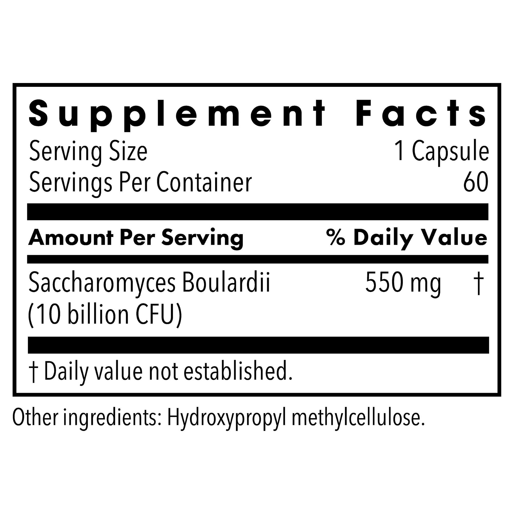 Metabolic Maintenance Saccharomyces boulardii bottle label highlighting 10B CFU
