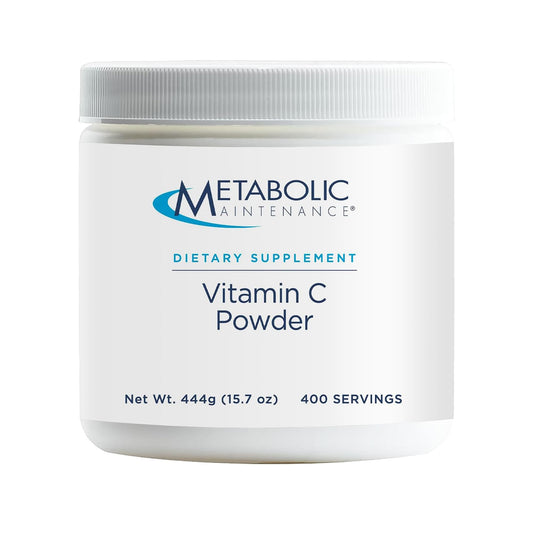 Metabolic Maintenance Vitamin C powder tub front highlights purity and immune support potential.