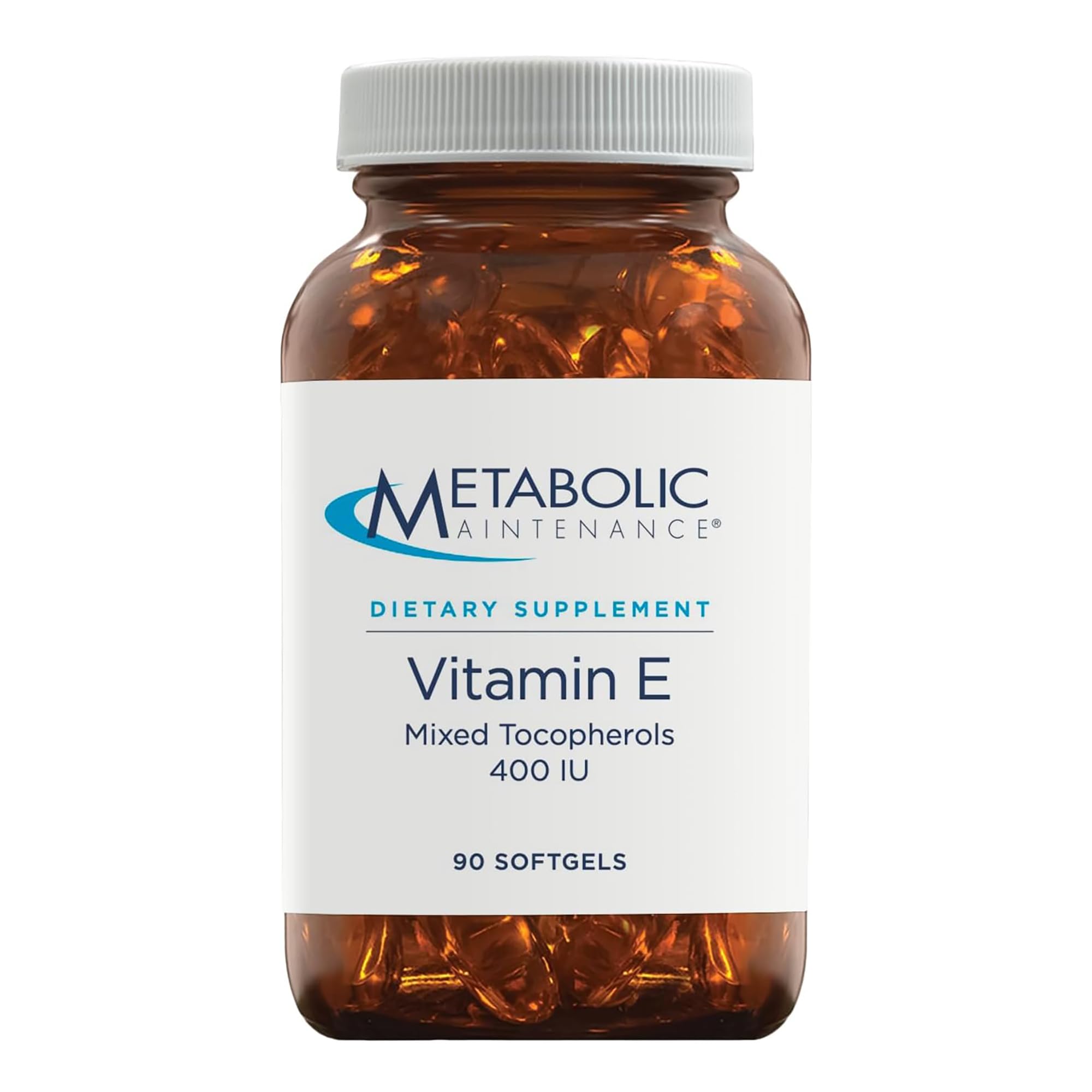 Metabolic Maintenance Vitamin E softgel bottle on a clean surface, supports heart health.