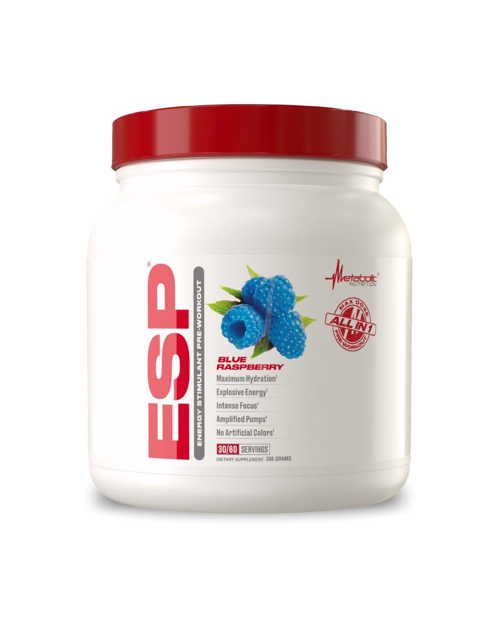 Metabolic Nutrition ESP blue raspberry bottle pour promotes quick, focused energy for workouts