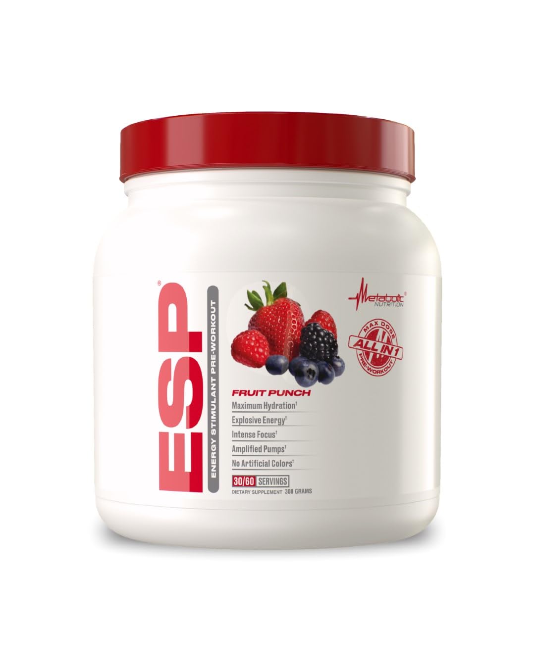 Metabolic Nutrition ESP front bottle with fruit punch flavor for energy.