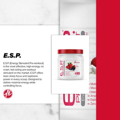 Top-view ESP supplement jar on gym bench, ready to mix.