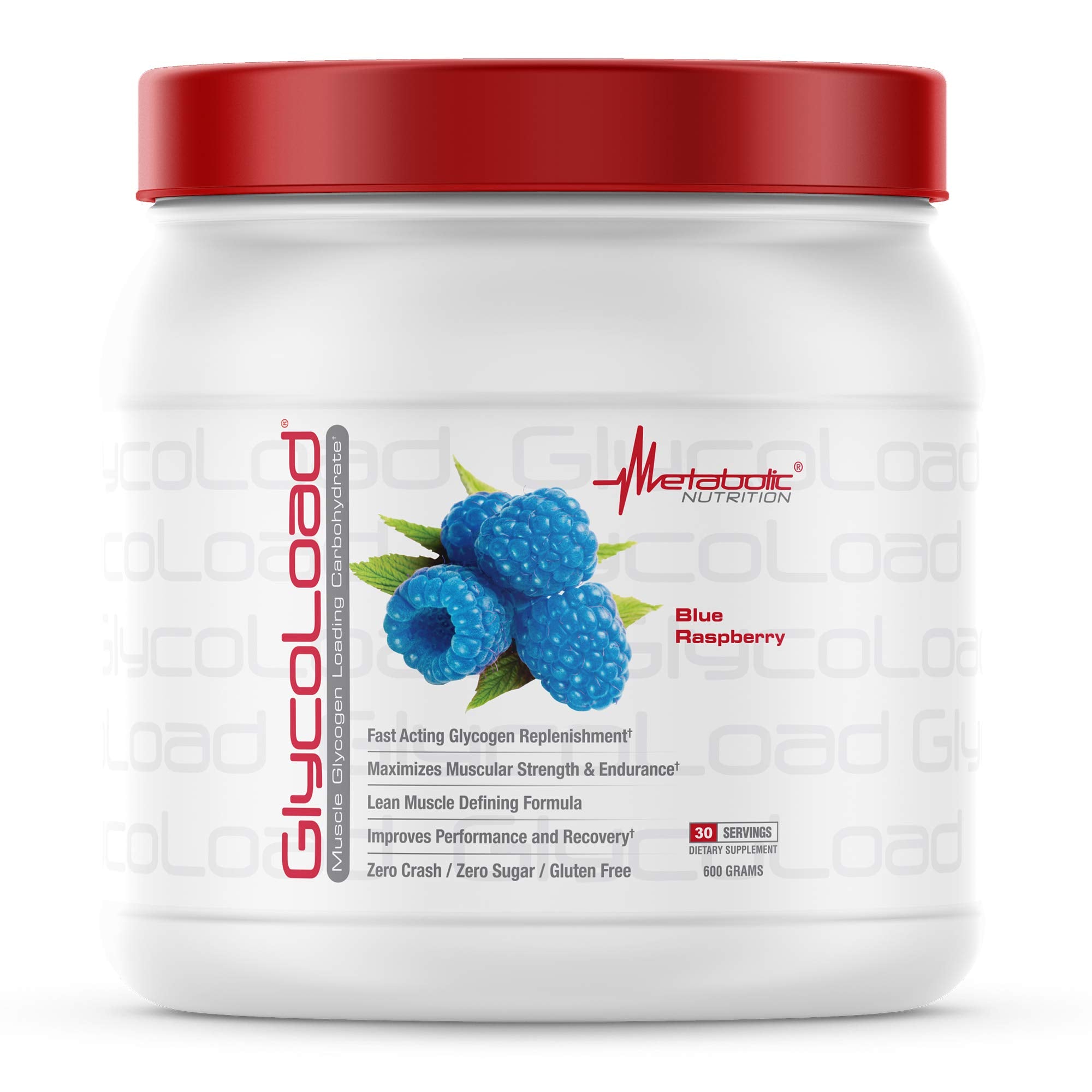 Metabolic Nutrition Glycoload blue raspberry tub on gym mat supports steady workout energy.