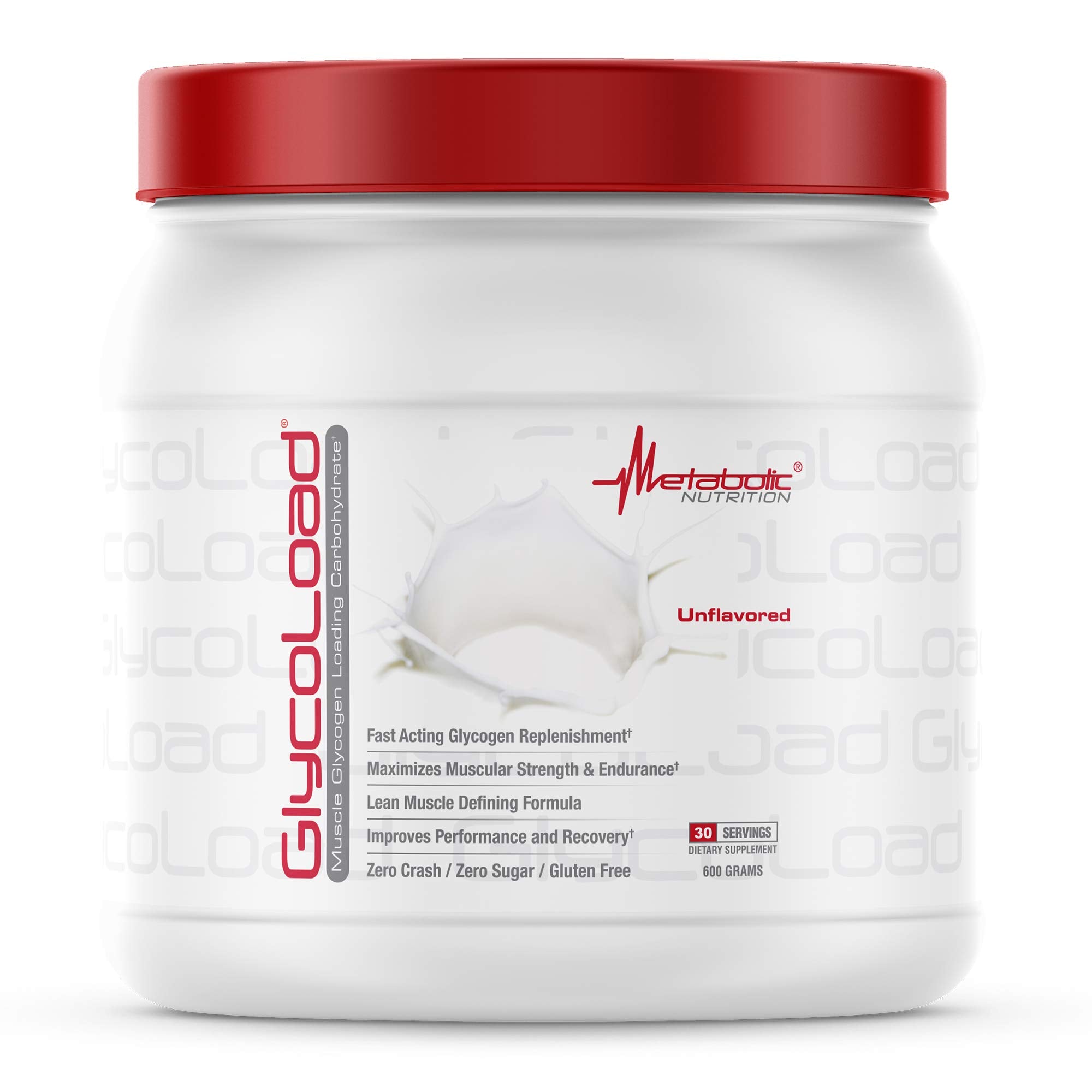 Metabolic Nutrition Glycoload bottle front with unflavored powder for workouts