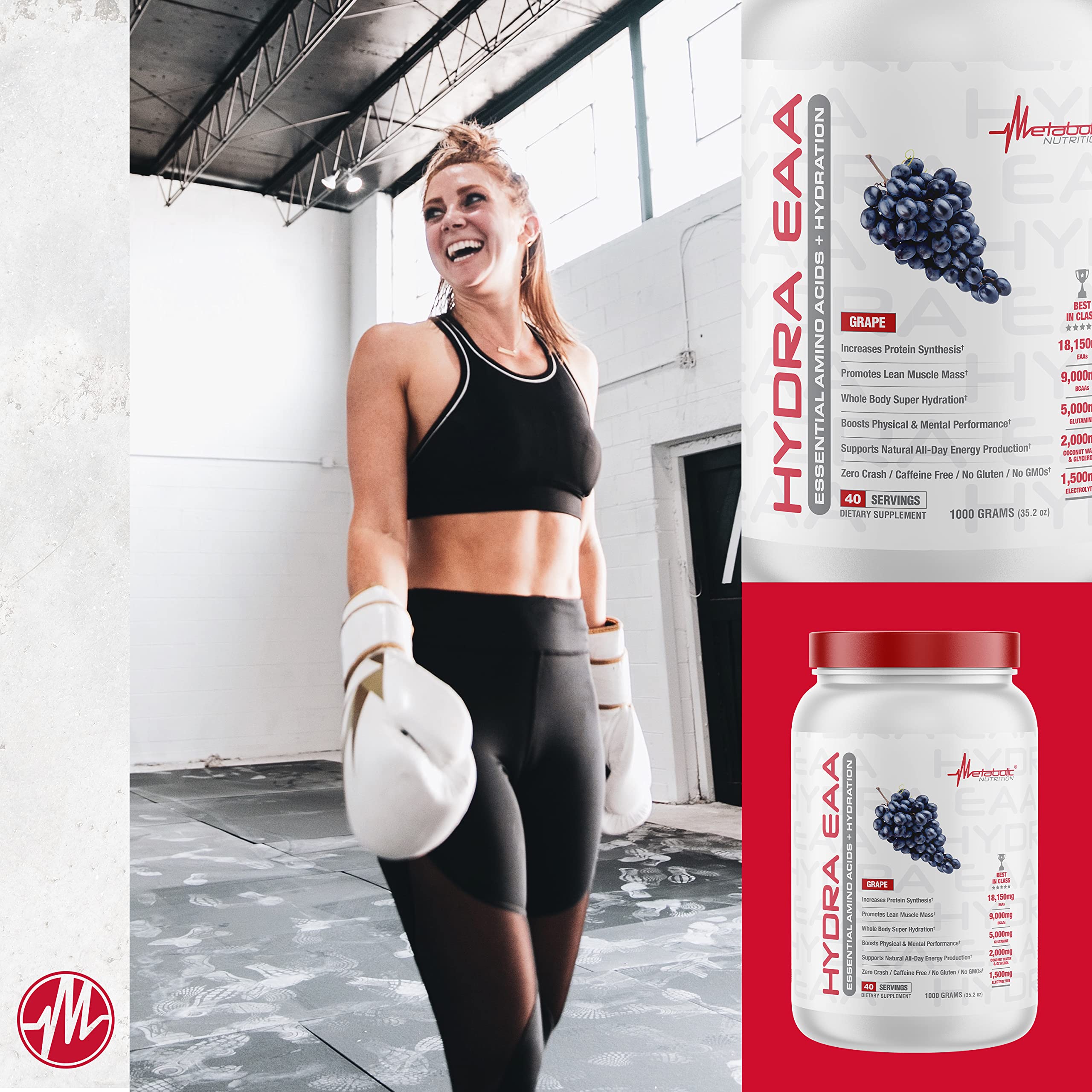 Metabolic Nutrition Hydra EAA scoop shows 18 g serving size and powder form