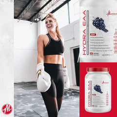 Metabolic Nutrition Hydra EAA scoop shows 18 g serving size and powder form