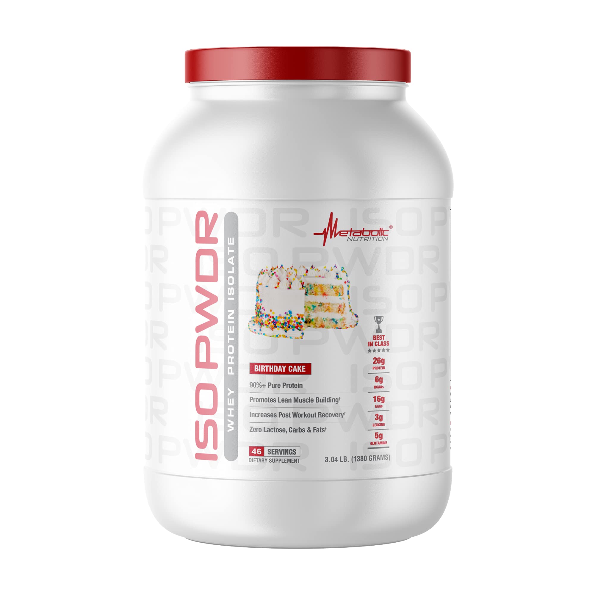 Metabolic Nutrition ISO PWDR Birthday Cake bottle front for easy daily protein.