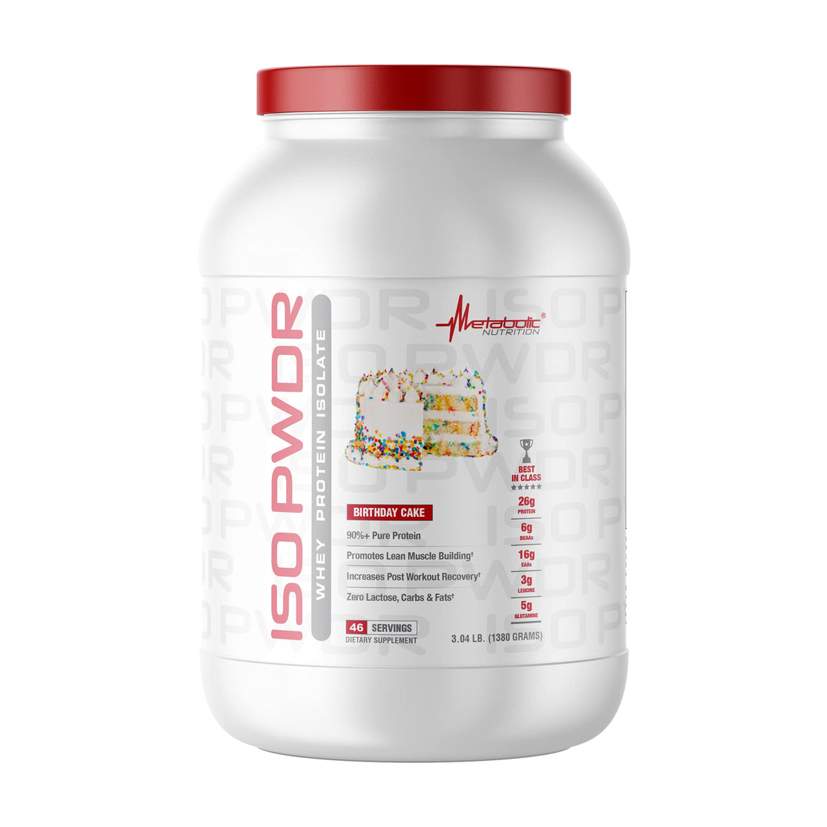 Metabolic Nutrition ISO PWDR Birthday Cake bottle front for easy daily protein.