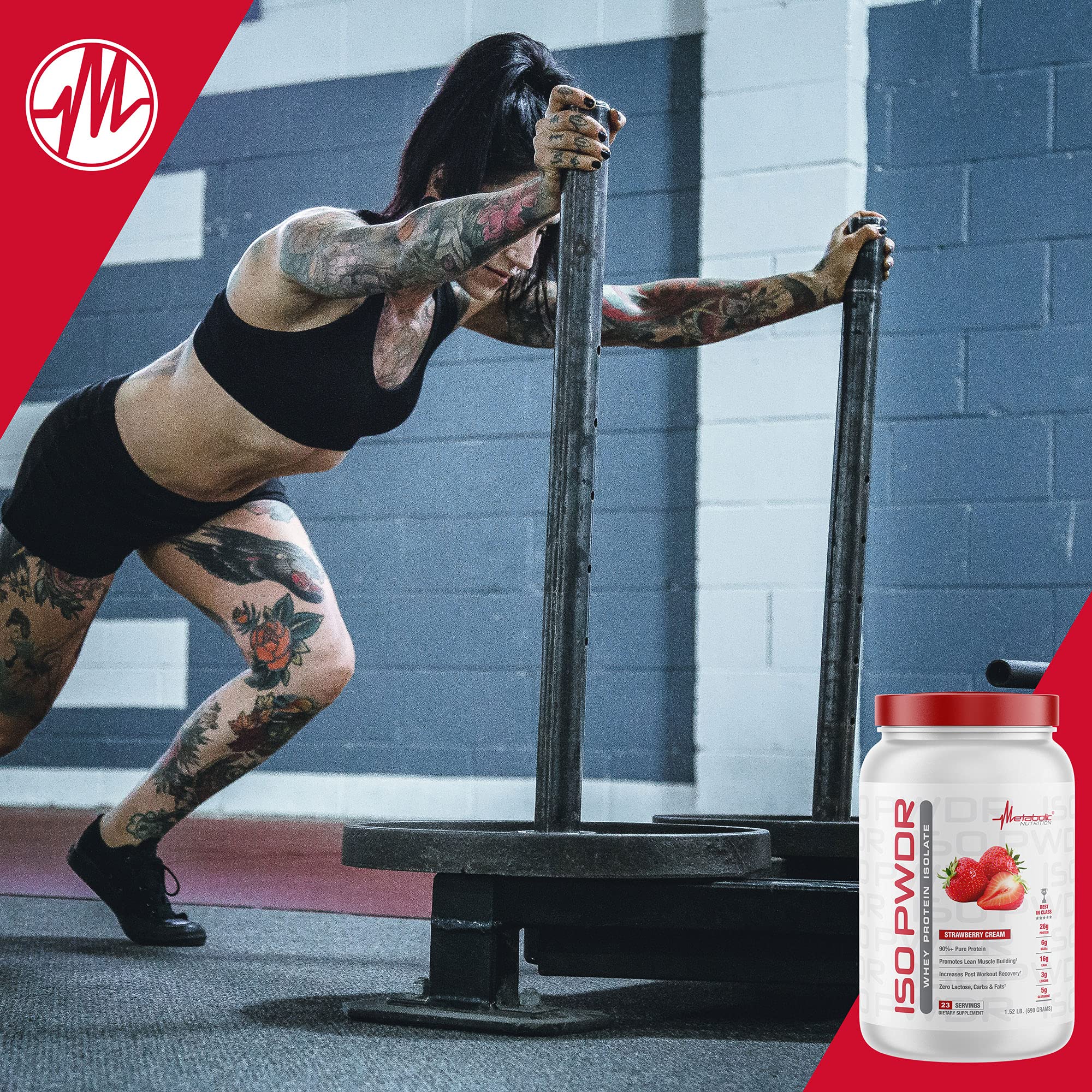 Metabolic Nutrition ISO PWDR Birthday Cake tub close-up, keto-friendly flavor profile.