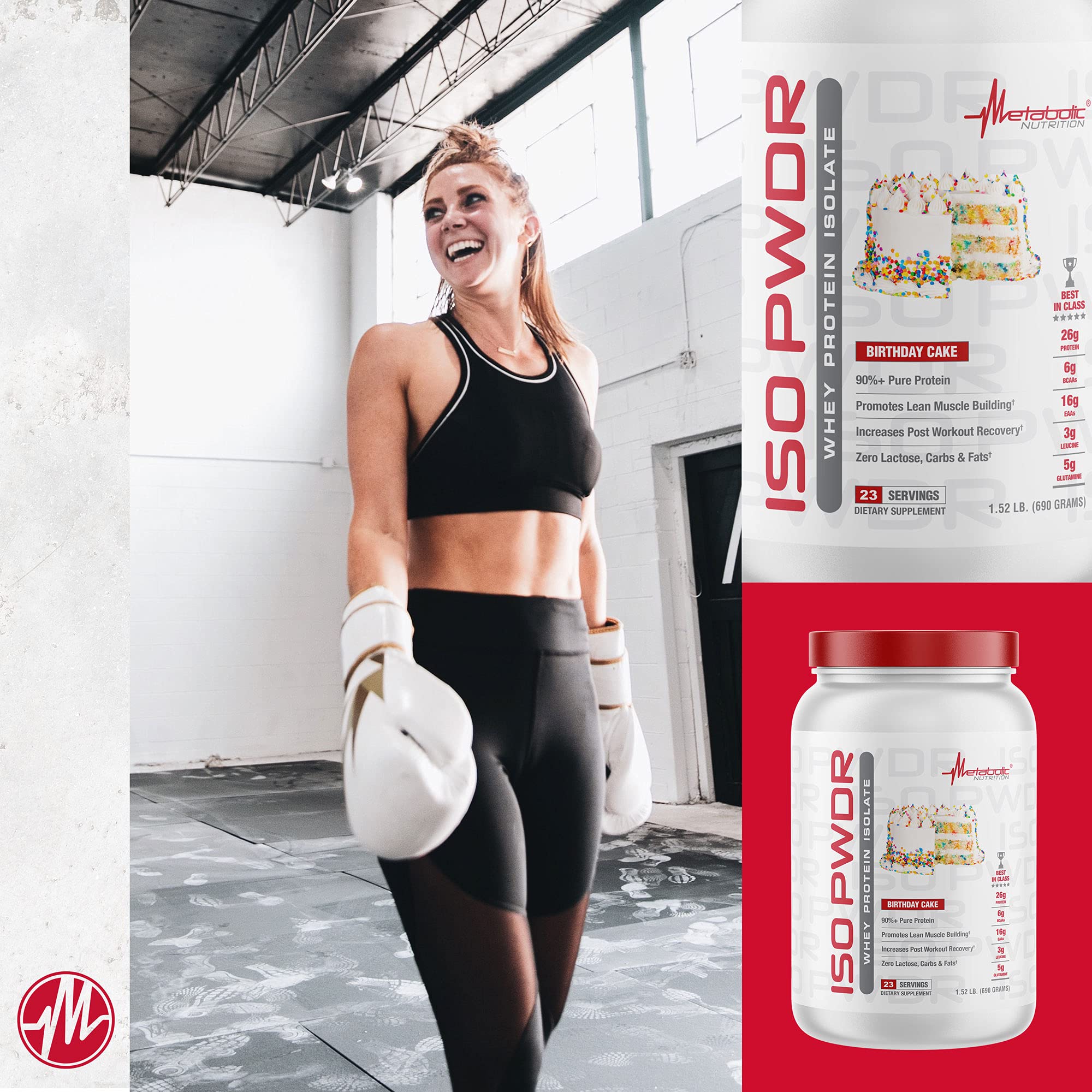 Metabolic Nutrition ISO PWDR Birthday Cake serving, for quick protein boosts.