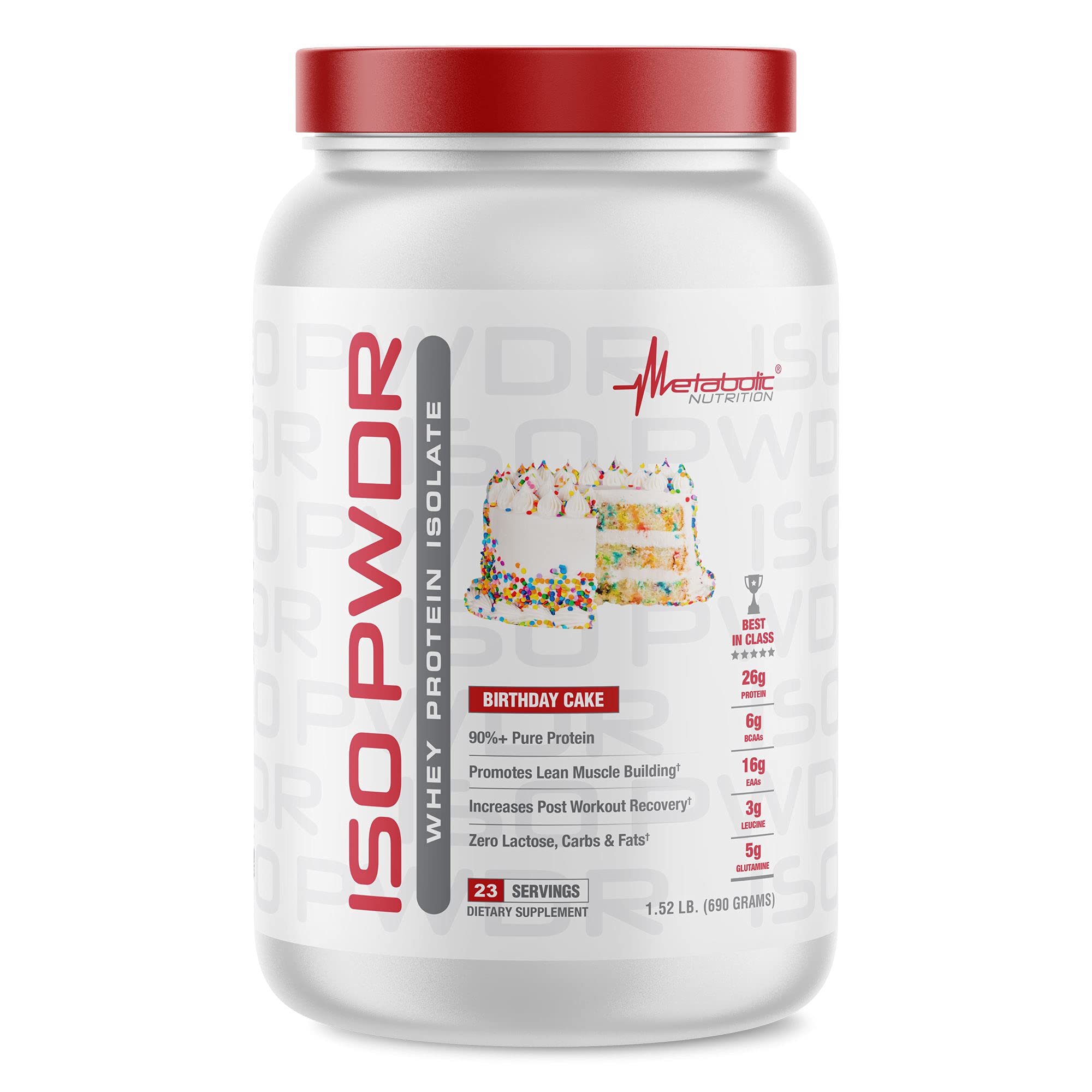 Metabolic Nutrition ISO PWDR Birthday Cake tub, ideal for post-workout shakes.