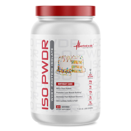 Metabolic Nutrition ISO PWDR Birthday Cake tub, ideal for post-workout shakes.